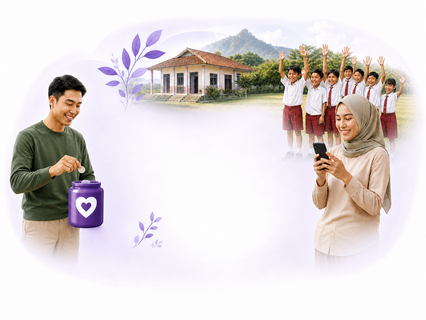 Donatur Kencleng, sekolah desa, anak-anak Indonesia, dan ilustrasi daun ungu